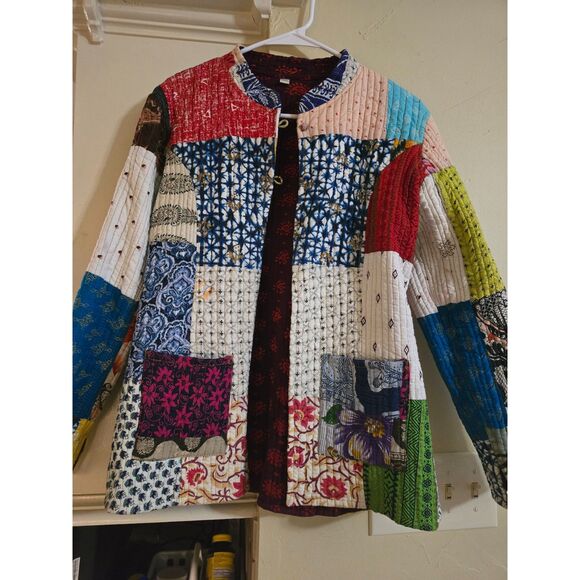 Reversible Quilted Jacket Mandarin Collar Fabric Buttons w Loops WM SZ M Colors! - Picture 1 of 10